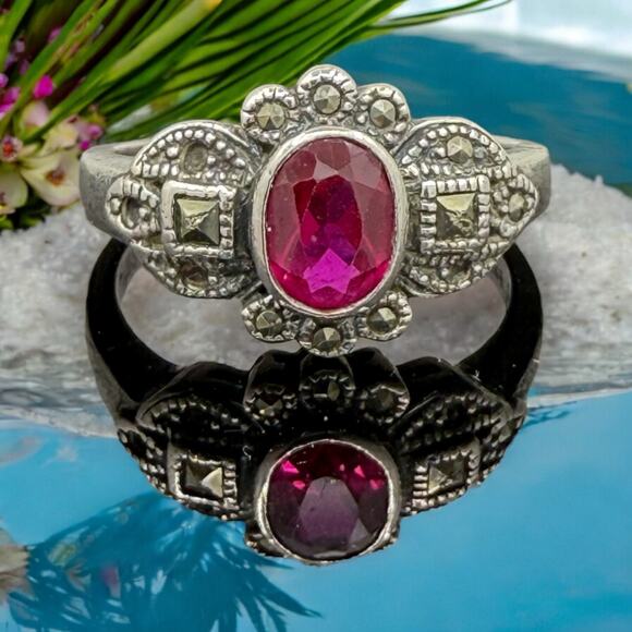Antique Style Created Ruby Marcasite Ring 925 Sterling Silver Size 9.5 - Picture 2 of 8